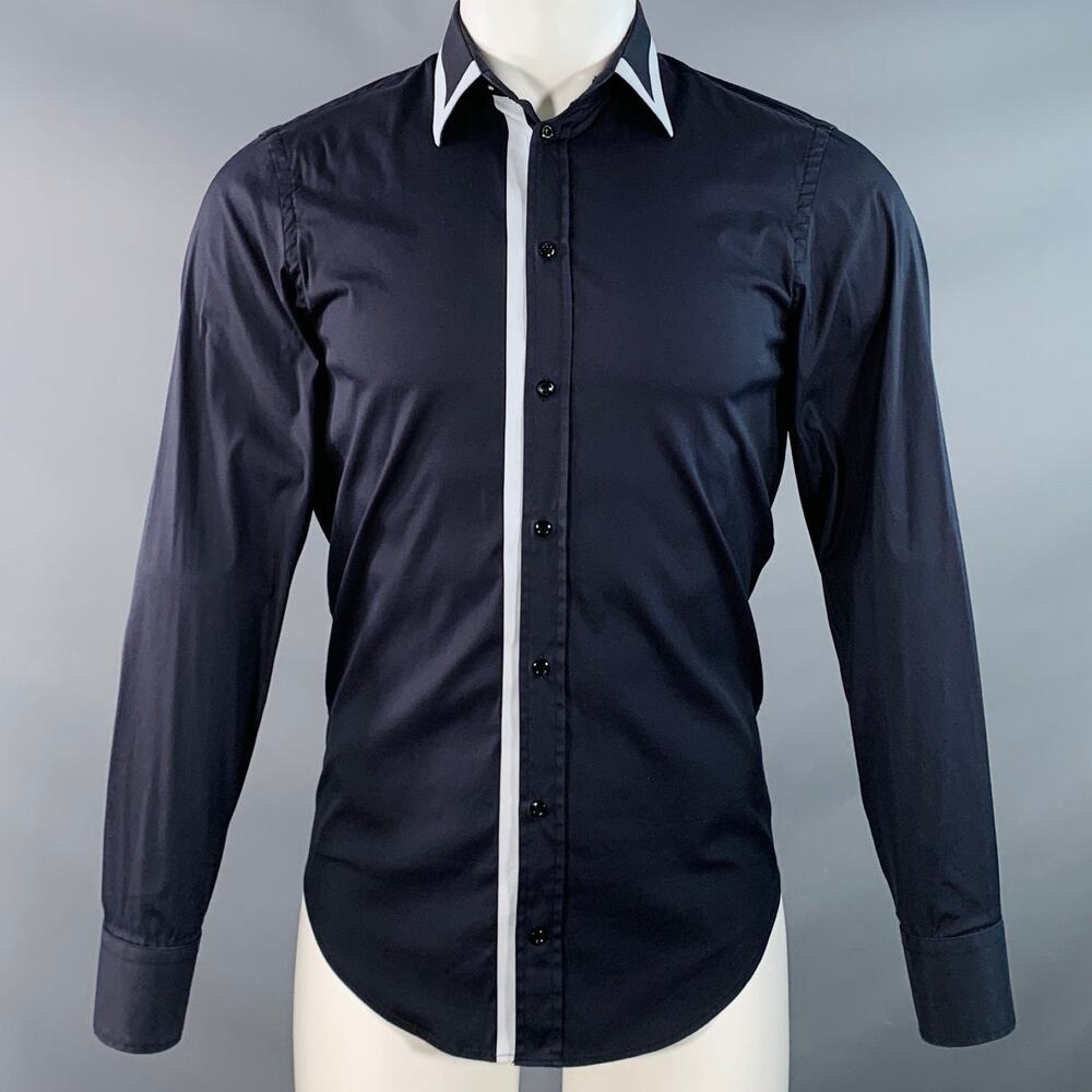 Size S Navy Light Blue Cotton Blend Contrast Trim  Long Sleeve Shirt